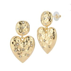 Gemelli Textured 18K Gold Plated Heart Statement Earrings W/CZ Stars Brand New